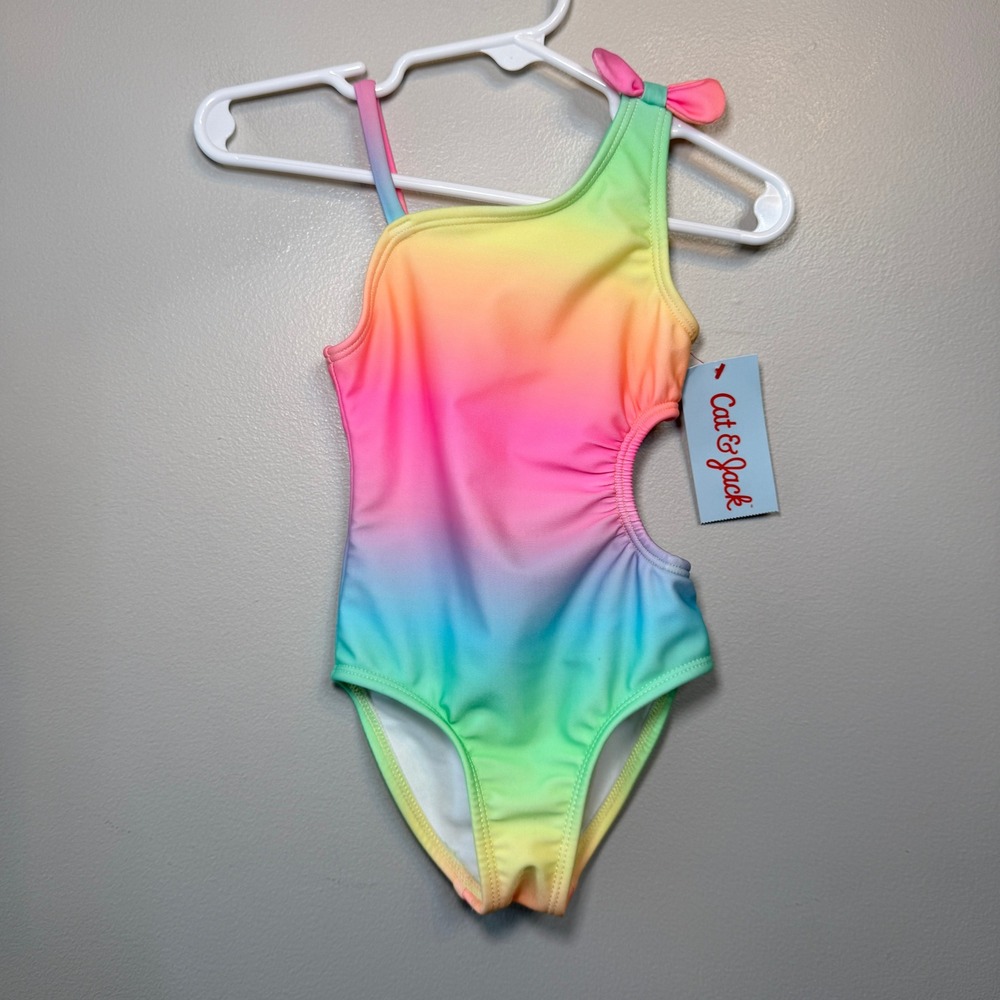 Cat & Jack Baby Girls Rainbow Ombre One Shoulder Bow Cutout Swimsuit 12M NWT